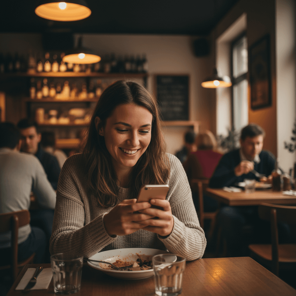 Zufriedener Kunde hinterlässt eine Google-Bewertung auf dem Smartphone in einem Restaurant