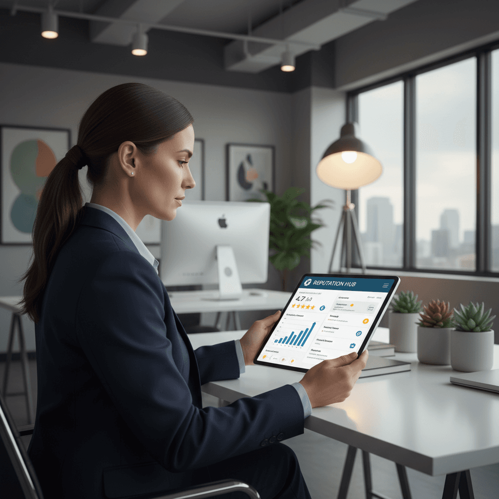 Geschäftsinhaber prüft Bewertungs-Management-Dashboard auf einem Tablet
