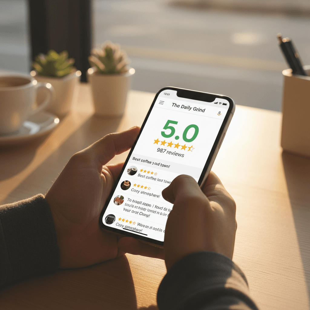 Smartphone zeigt Google-Bewertungen mit 5 Sternen für ein lokales Unternehmen
