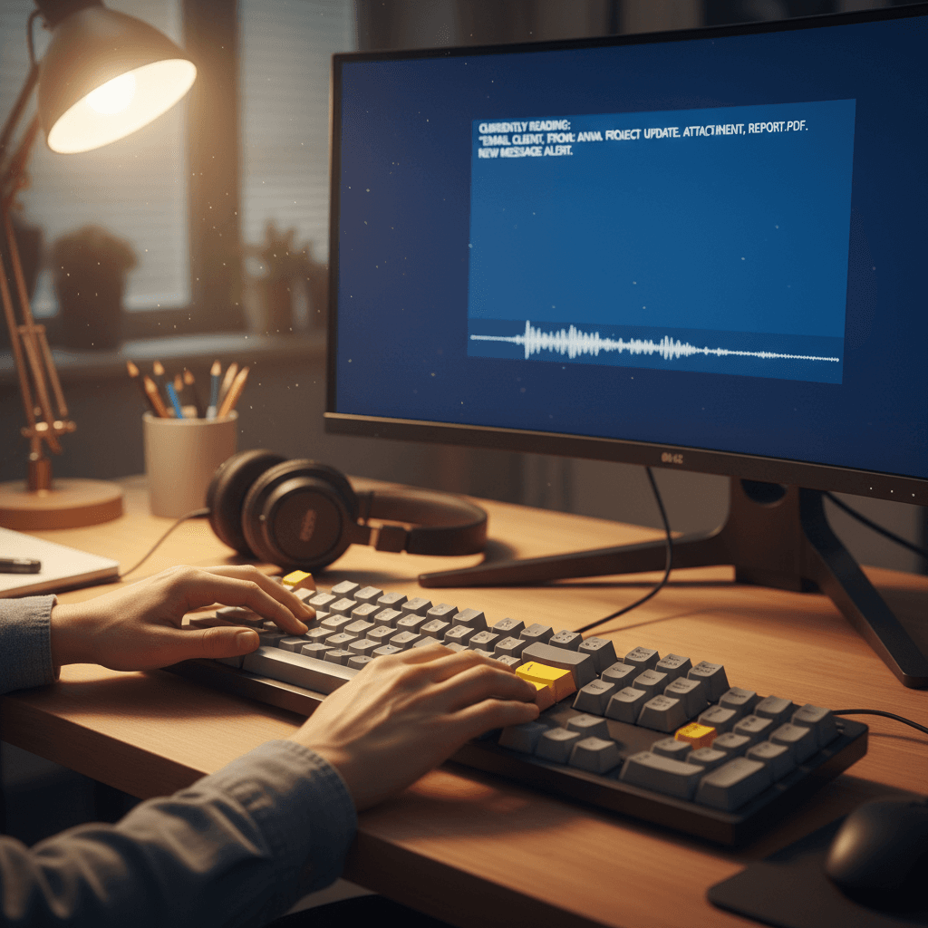 Nahaufnahme von Händen an einer Tastatur mit Screenreader-Interface auf dem Monitor im Hintergrund