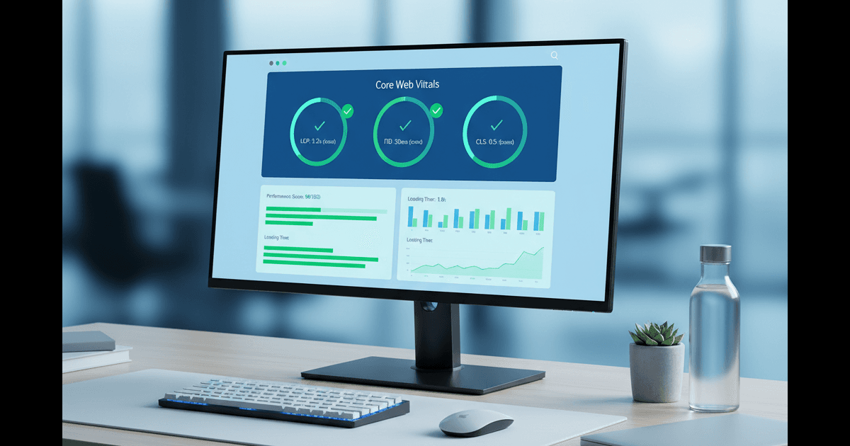 Website-Performance-Dashboard zeigt grüne Core Web Vitals Metriken auf einem Monitor
