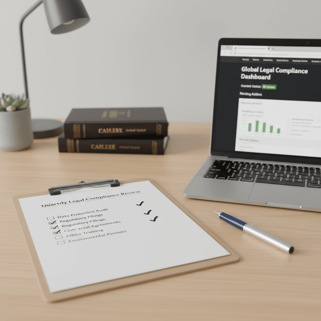 Checkliste auf einem Klemmbrett mit Häkchen neben einem Laptop mit rechtlicher Compliance-Seite