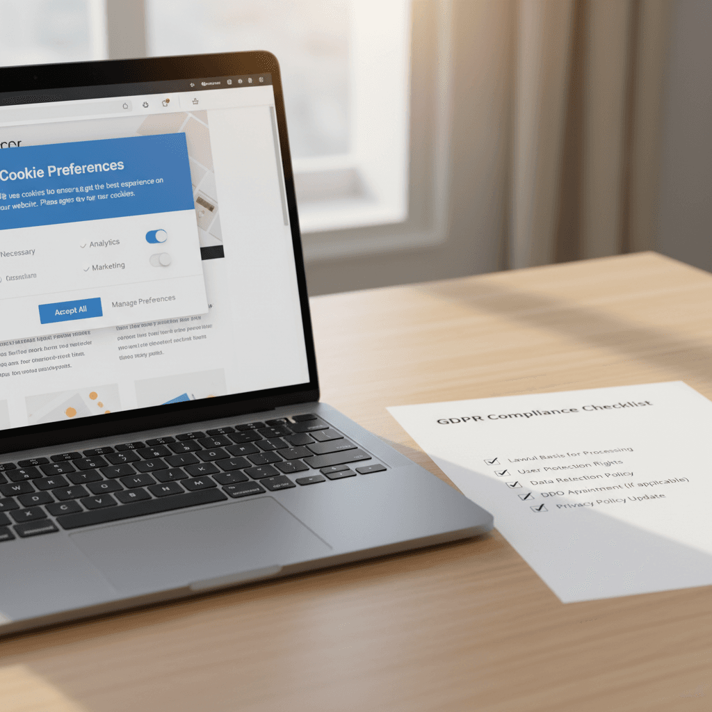 Laptop zeigt Cookie-Consent-Banner auf einer Website neben einer DSGVO-Checkliste auf Papier