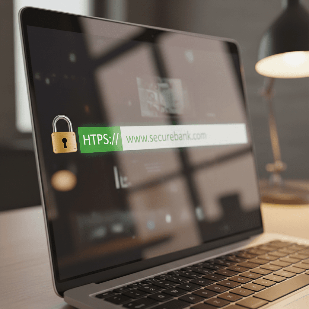 Nahaufnahme eines Schlosssymbols und HTTPS-Indikators in der Browser-Adressleiste