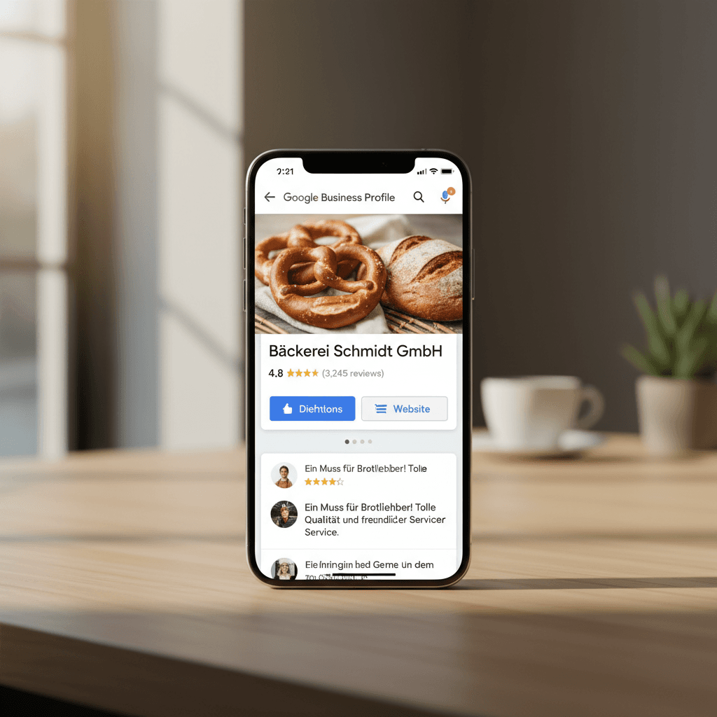 Smartphone zeigt ein optimiertes Google Business Profile mit Sternebewertungen