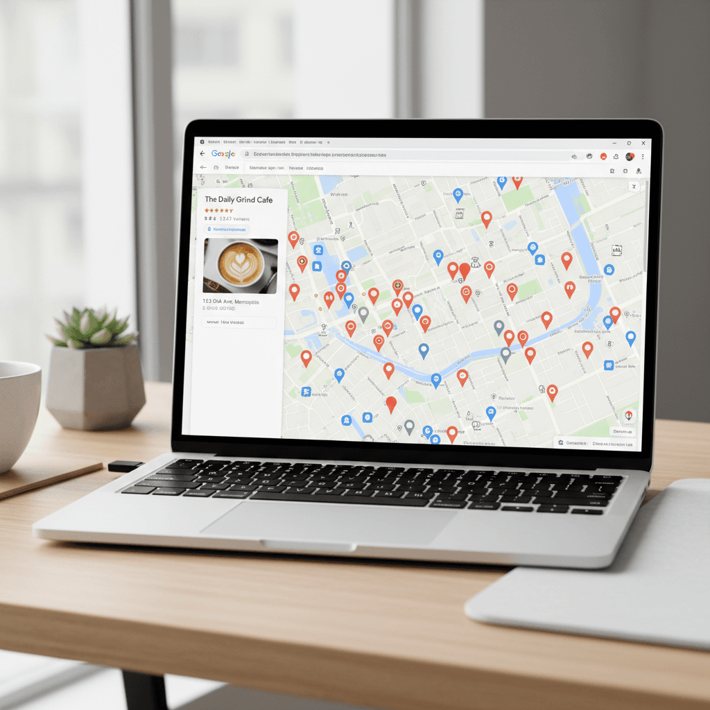 Laptop zeigt Google Maps mit lokalen Unternehmens-Pins und geöffnetem Knowledge Panel