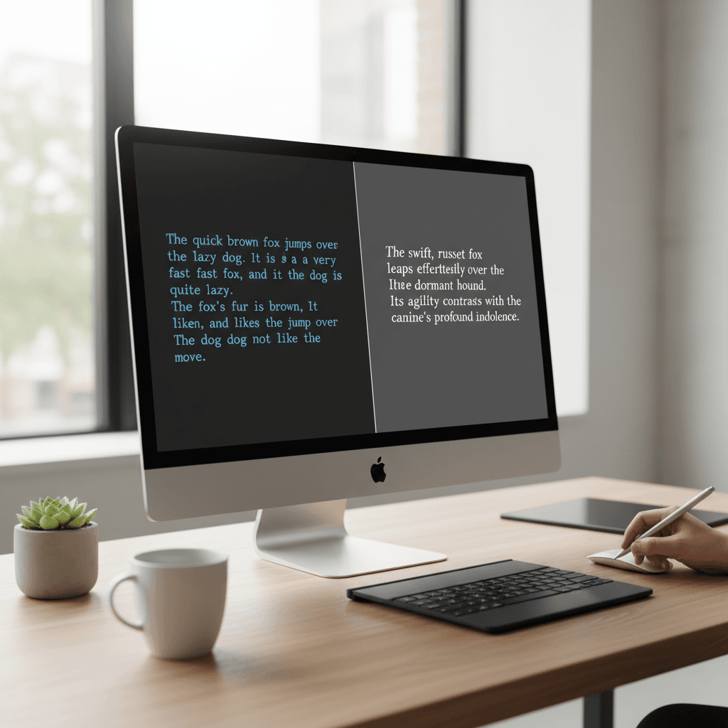 Split-Screen zeigt KI-generierten Text auf einer Seite und menschlich redigierten polierten Text auf der anderen