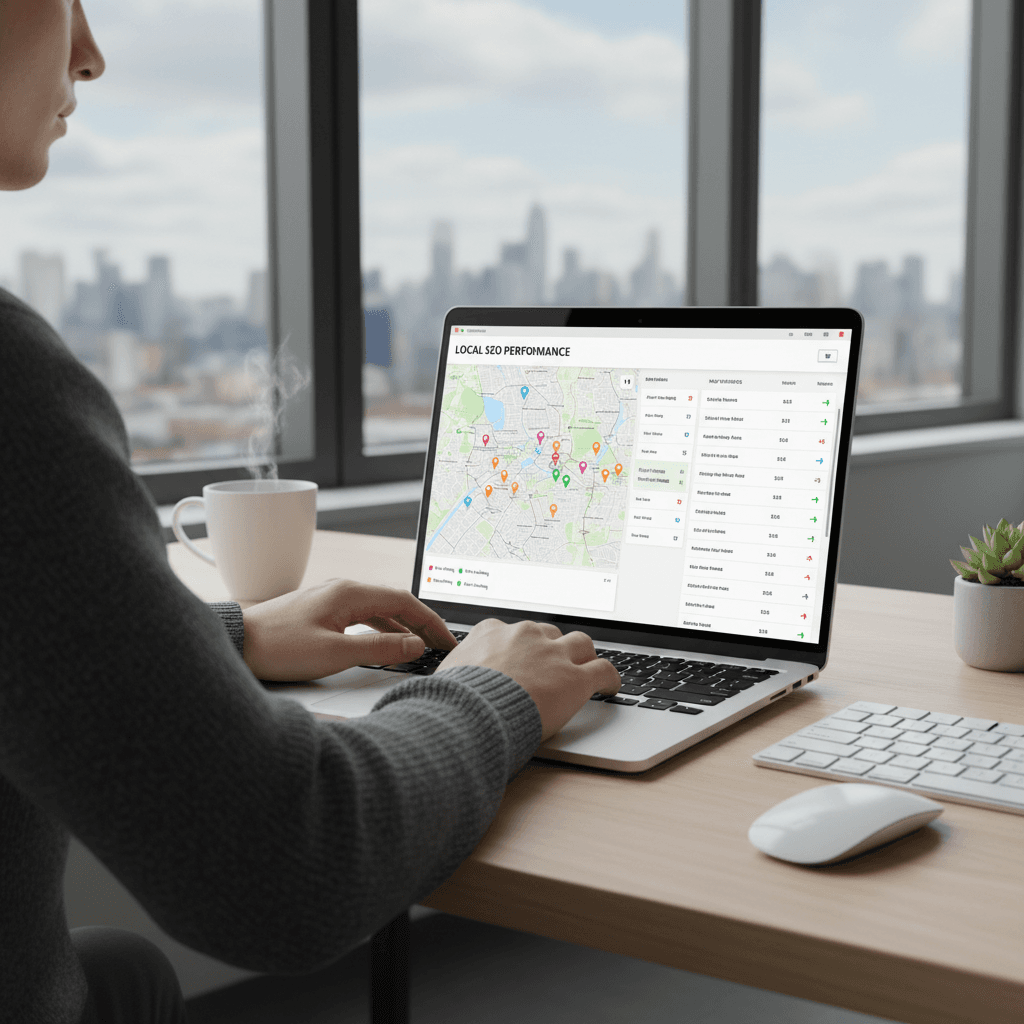 Person nutzt Laptop mit Local-SEO-Analytics-Dashboard mit Karte und Rankings