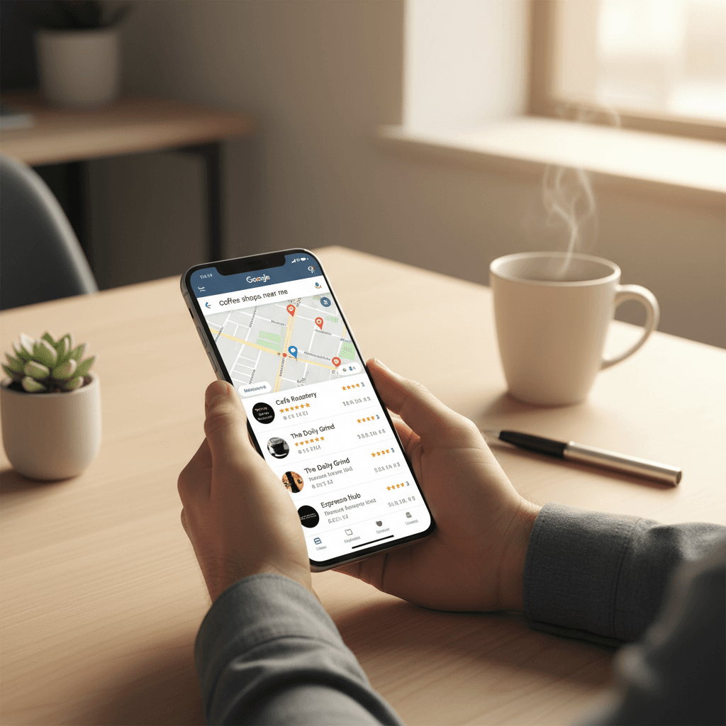 Smartphone zeigt Google Maps mit lokalen Suchergebnissen und Unternehmens-Listings
