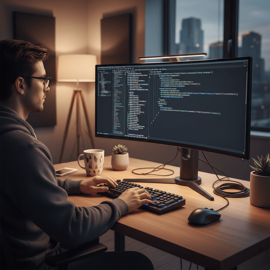 Entwickler betrachtet JSON-LD-Schema-Markup auf einem großen Monitor