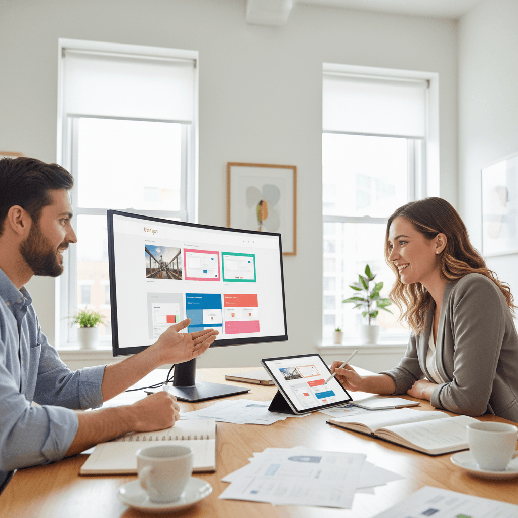 Professionelles Meeting zwischen Webdesigner und Geschäftskunde vor einem großen Monitor
