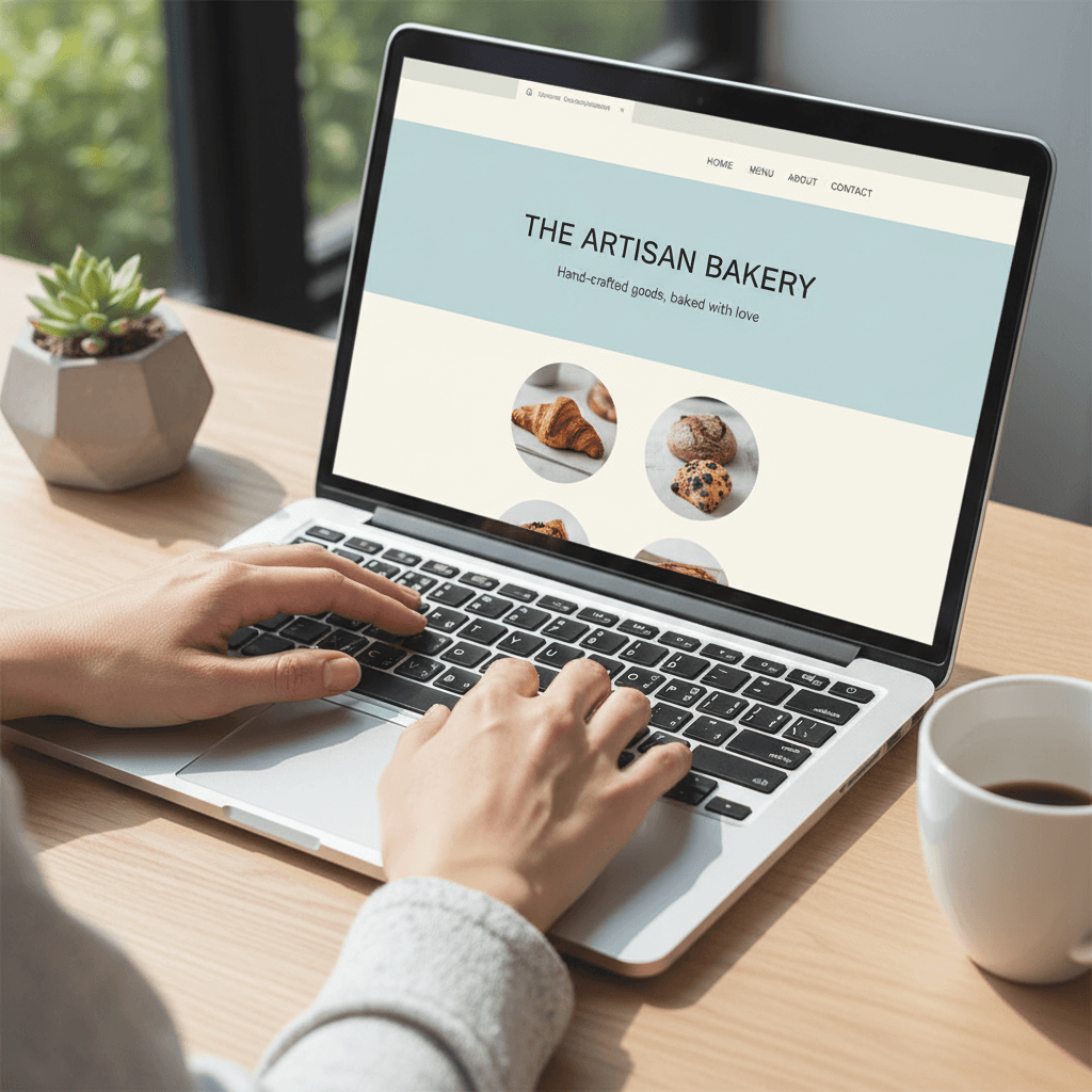 Hände tippen auf einem Laptop mit einer modernen Unternehmenswebsite auf dem Bildschirm