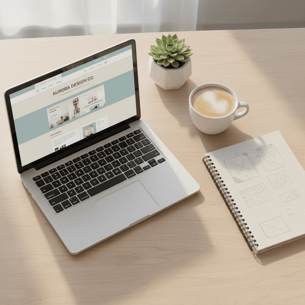 Moderner Arbeitsplatz mit Laptop, auf dem eine Website neu gestaltet wird