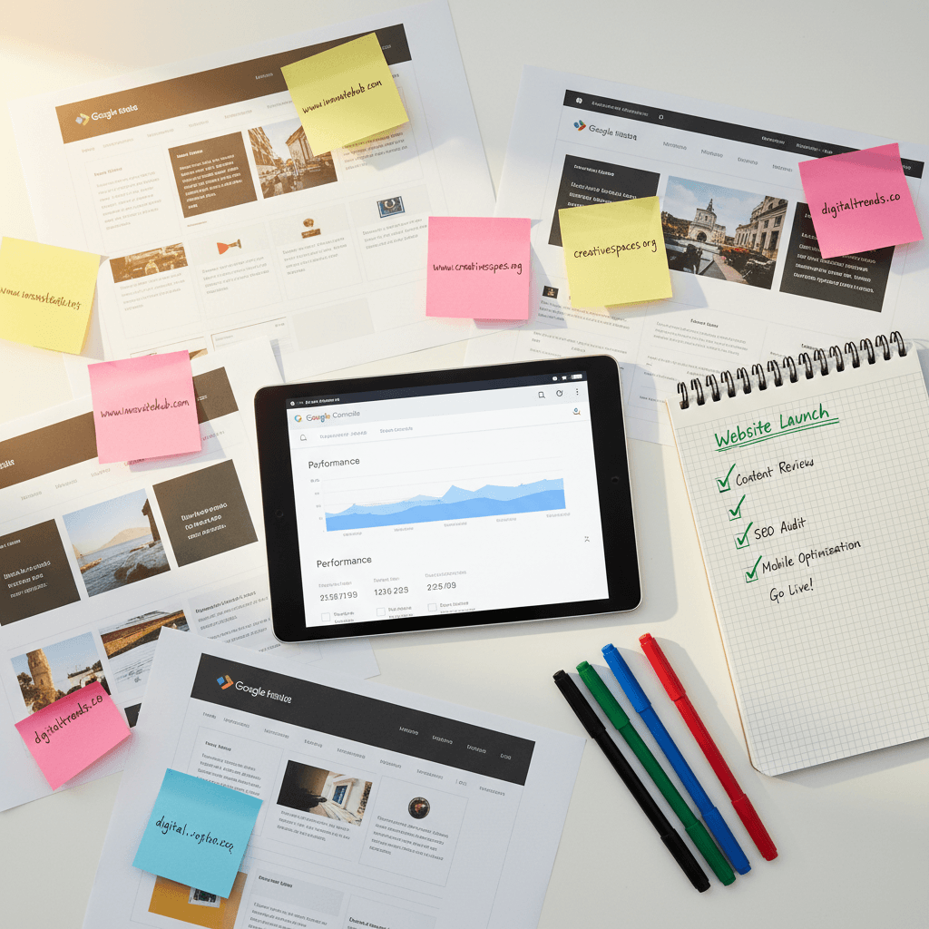 Planung eines Website-Relaunches mit Mockups, Checklisten und Sticky Notes auf einem Schreibtisch