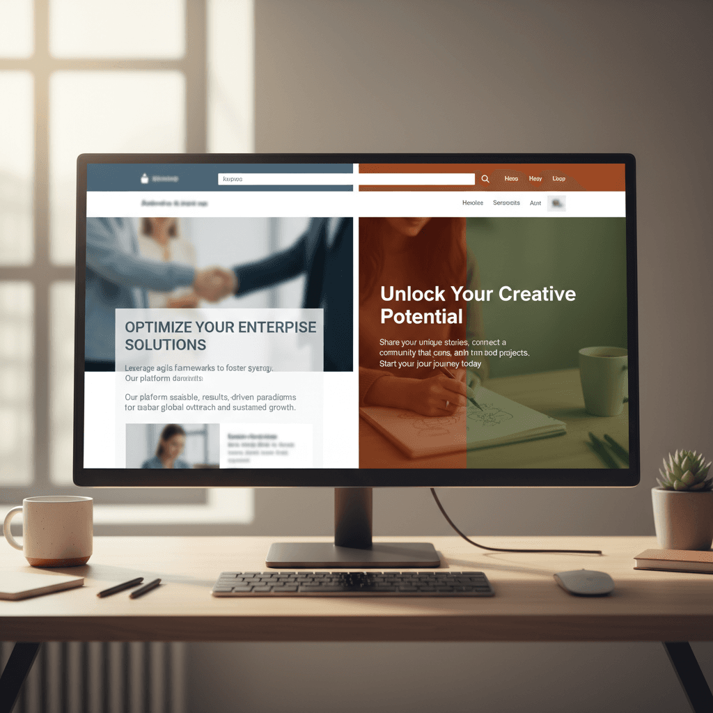 Vergleich zwischen generischem und überzeugendem Website-Text auf einem Monitor