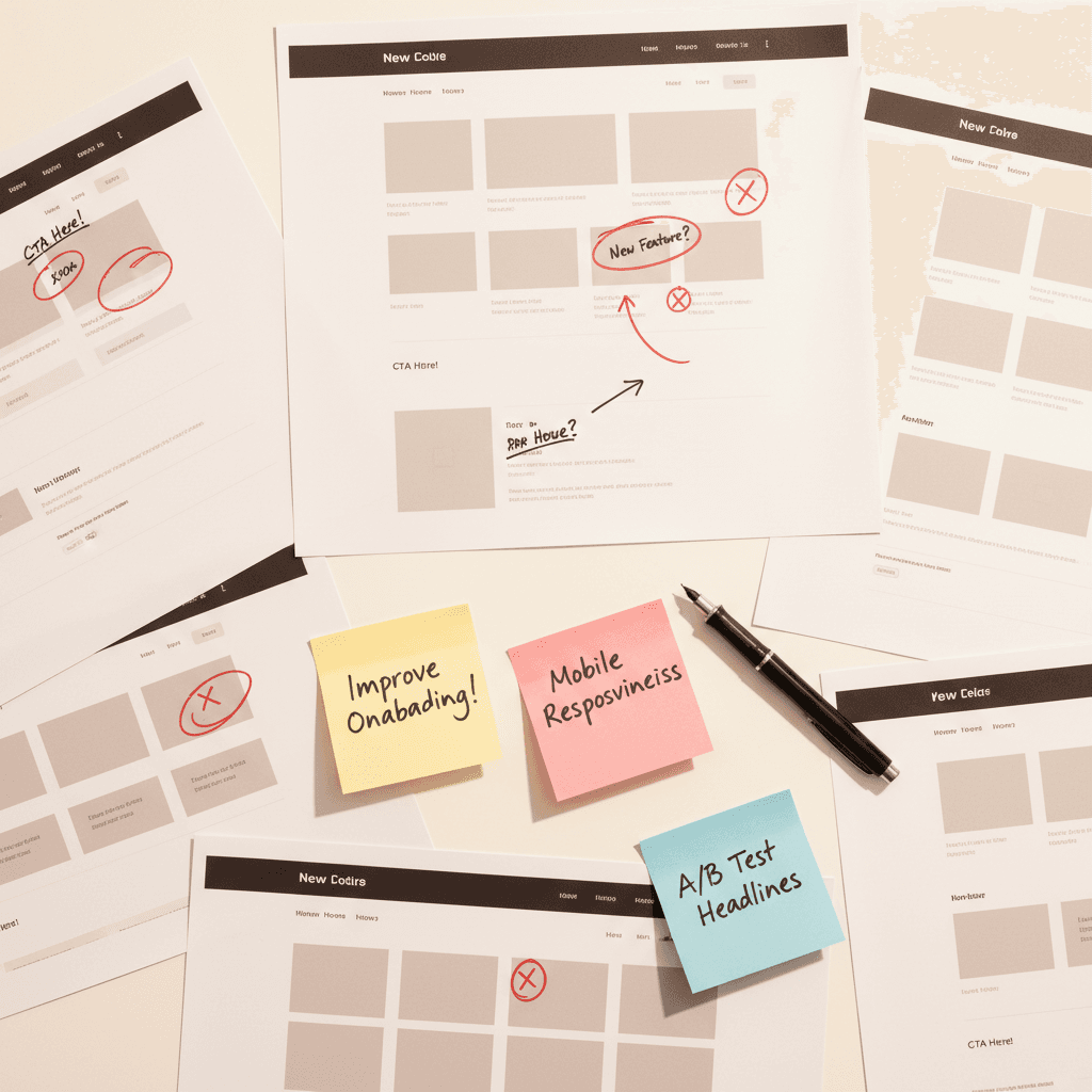 Flat-lay von Website-Mockups mit handschriftlichen Textkorrekturen und roten Bearbeitungsmarkierungen