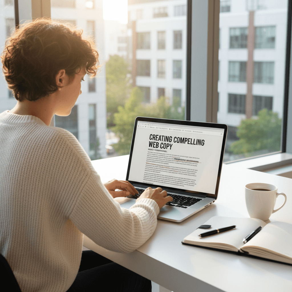 Person schreibt Website-Texte am Laptop in einem hellen modernen Büro