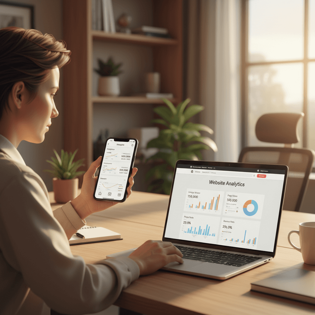Geschäftsinhaber vergleicht Instagram-Analytics auf dem Handy mit Website-Traffic auf dem Laptop
