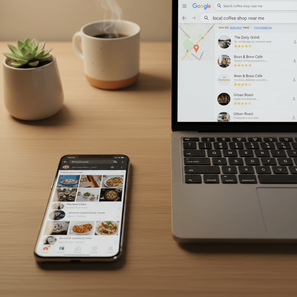 Smartphone mit Social-Media-Feed neben Laptop mit Google-Suchergebnissen für ein lokales Unternehmen