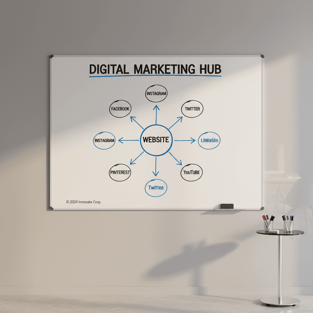 Whiteboard mit Marketing-Strategie-Diagramm: Website als Zentrale, Social-Media-Kanäle als Speichen